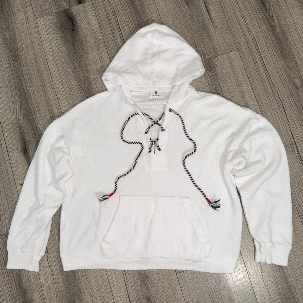 Sundry Sherpa Lace-Up Hoodie - White w/Navy Lace - V-Neck with Hood - Size 0